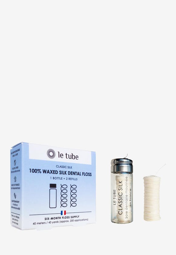 Filo interdentale in seta classica fornita in un pratico dispenser di vetro 40 m