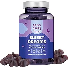 BeSoHappyMelatonina per Dormire Caramelle Gommose, Integratore con Melatonina pura + Valeriana + Vitamina B6 + Camomilla + Lavanda + Passiflora, Vegane con Gusto Mirtillo, Sonno Ristoratore