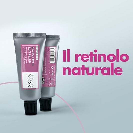 SKÖN  SIERO VISO BIO AL BAKUCHIOL, effetto booster per ridurre rughe e linee sottili del viso, con retinolo naturale e vegetale, adatto a pelli sensibili.