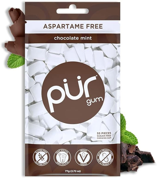 PUR Gum | Gomma Da Masticare Senza Zucchero | 100% Xilitolo | Vegana, Senza Aspartame, Senza Glutine e Adatta ai Diabetici | Gomma Naturale Al Sapore Di Chocolate Mint, 55 Pezzi (Confezione da 1)