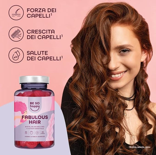 BeSoHappy®Vitamine per Capelli Gommose, Biotina 6.000 mcg + Acido Folico, con Vitamine  C, B6, B12, A, D, E, Selenio e Zinco, 60 Giorni, Integratore Capelli Gusto Fragola