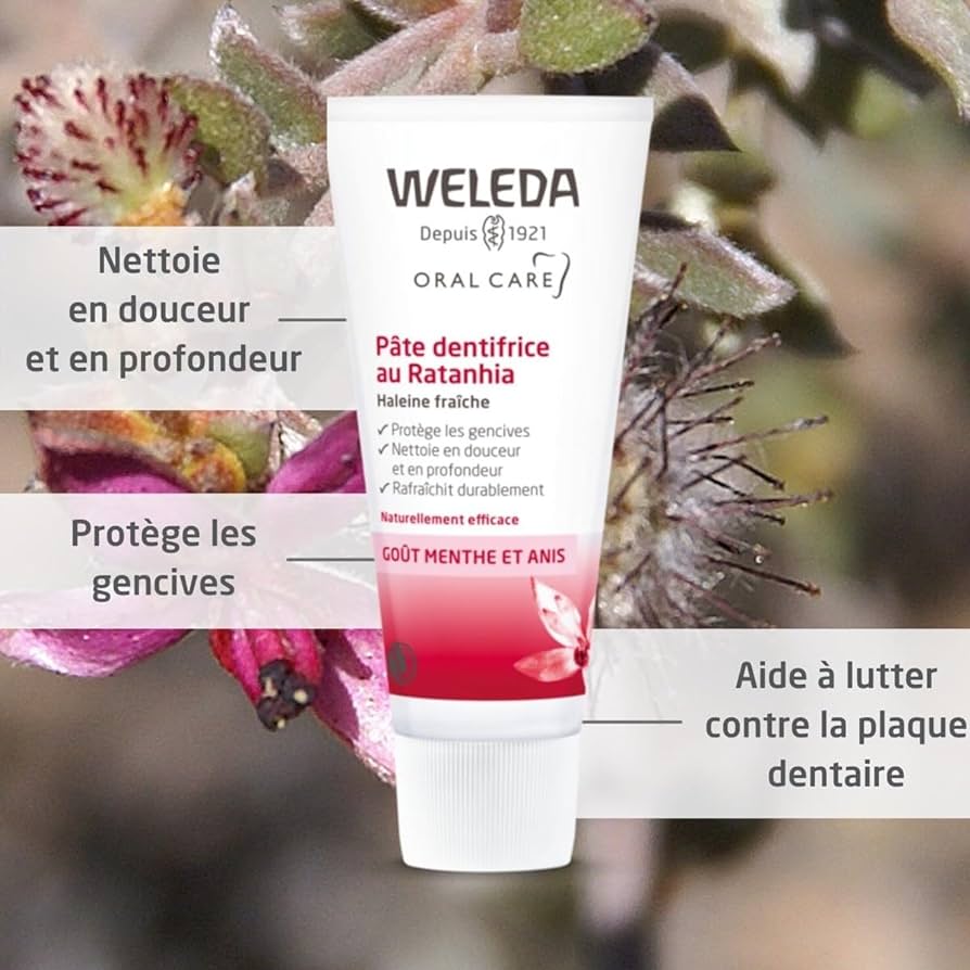 Weleda Ratania Dentifrice, dentifrice aromatisé à la menthe, sans fluor, aux extraits de myrrhe et de racine de ratania, efficace contre la plaque dentaire cliniquement prouvée (1x75 ml)