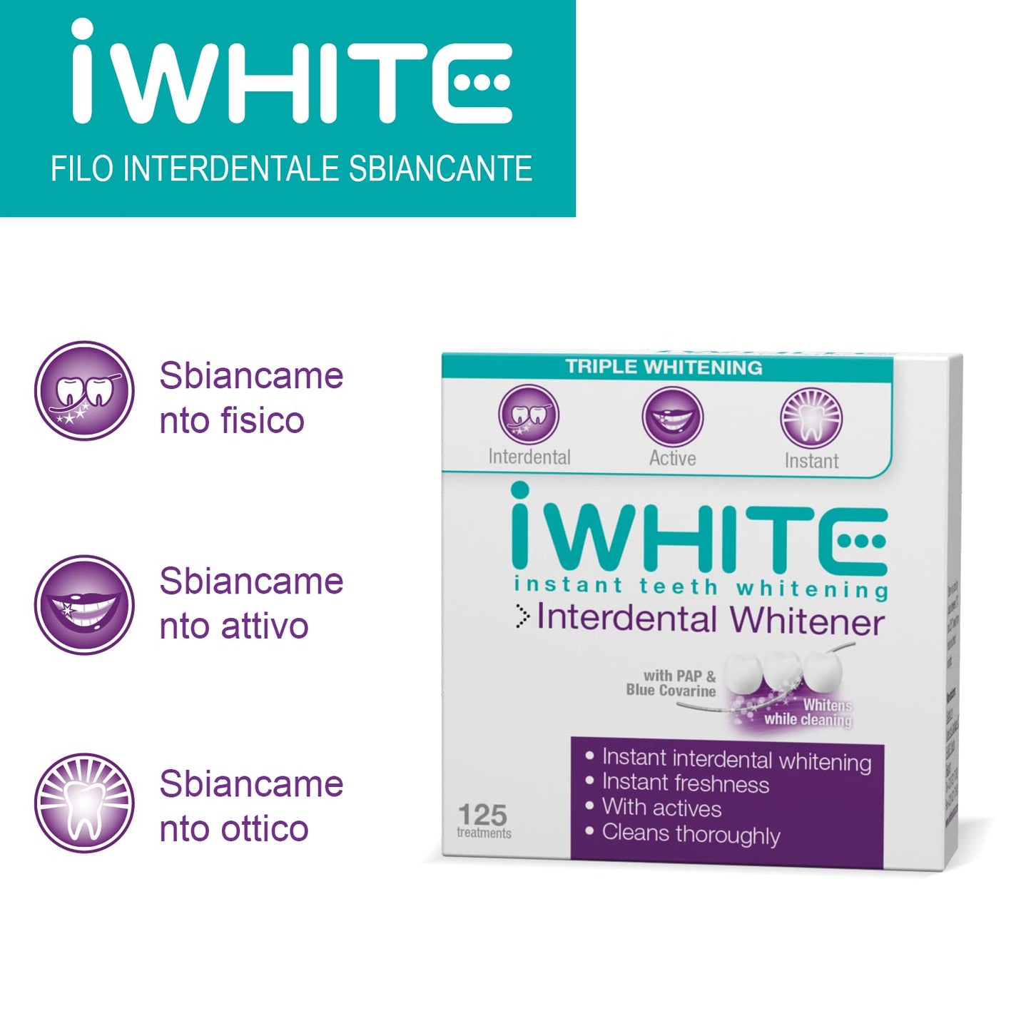 Fil dentaire ciré iWhite Blanchiment instantané des dents - Blanchit et renforce pendant le nettoyage - Fraîcheur instantanée et nettoyage des dents en profondeur - Élimine les taches entre les dents, 125 traitements 