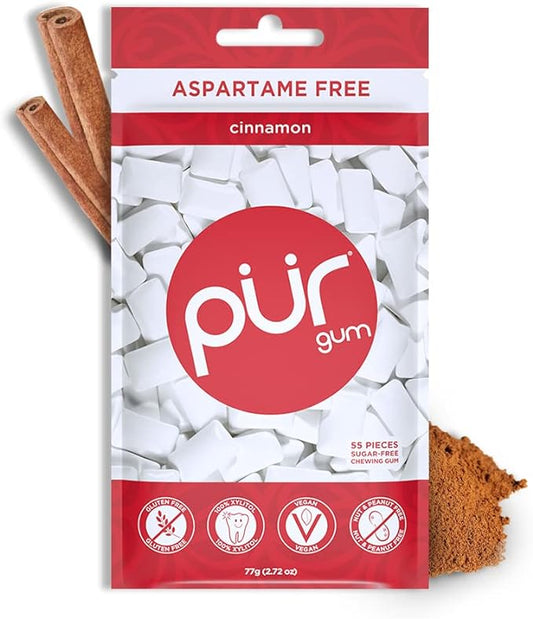 PUR Gum | Gomma Da Masticare Senza Zucchero | 100% Xilitolo | Vegana, Senza Aspartame, Senza Glutine e Amica dei Diabetici | Gomma Naturale Al Sapore Di Cinnamon, 55 Pezzi (Confezione da 1)