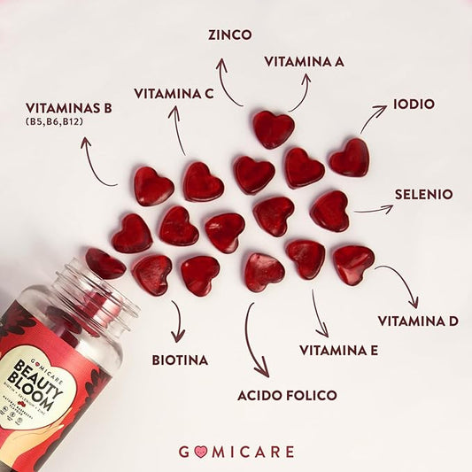 GOMICARE® | Gommose Senza Zucchero per Capelli, Pelle e Unghie | 60 Gommose | Con 5000 ug di Biotina, Acido Folico, Selenio, Zinco e 8 Vitamine e Minerali | Vegani | Senza Glutine né Lattosio