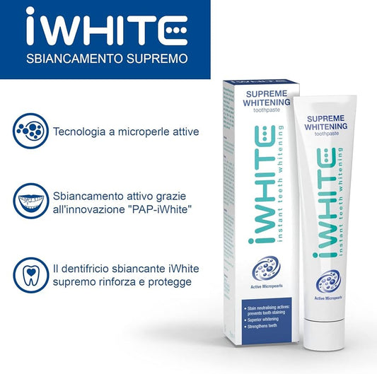 iWhite Dentifricio Sbiancante Supreme, 75 ml - Sbiancante Denti Professionale - Remineralizza i Denti, Rinforza e Protegge lo Smalto e Rinfresca l’Alito - con Micropearls per lo Sbiancamento Denti