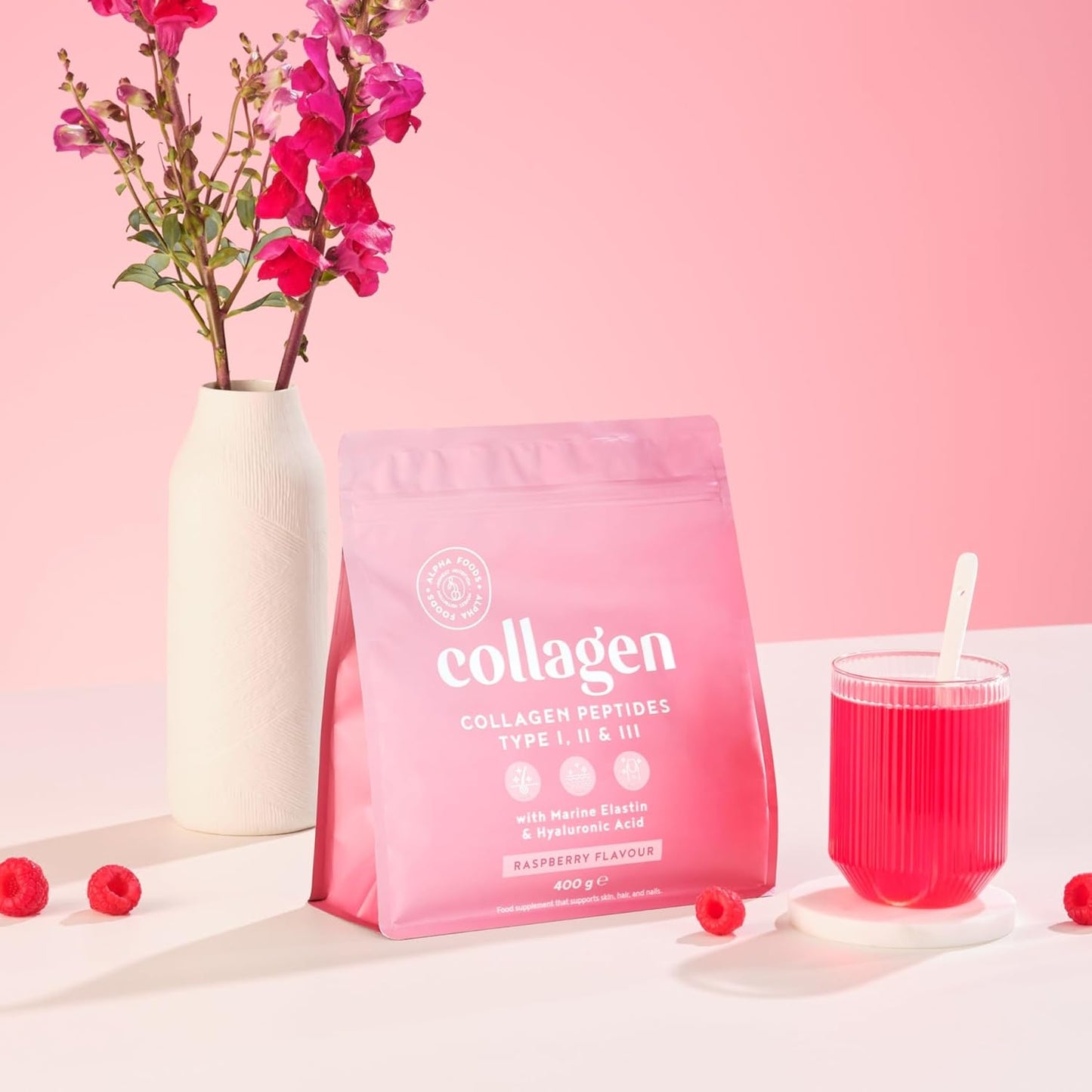 Collagene in Polvere |,Collagen Peptides Idrolizzato Puro con Acido Ialuronico gusto lampone