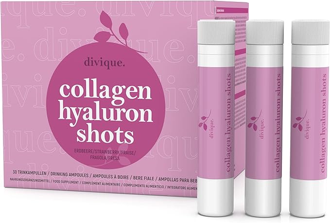 Collagène à boire – Divique Collagen Hyaluron Shots fraise – 30 ampoules à boire – collagène à l'acide hyaluronique – collagène hydrolysé à haute dose – avec vitamine C, biotine, zinc, cuivre, sélénium 