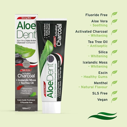 Aloe Dent Optima Naturals Aloedent Dentifricio Tripla Azione Carbone Attivo, 100 ml