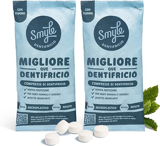 Compresse di dentifricio Smyle - Vegane, con fluoro, senza plastica, dentifricio solido biodegradabile, Doppio pacchetto (2 x 125 pezzi).