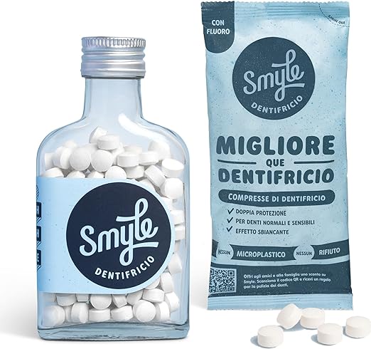 Compresse per la pulizia dei denti Smyle con fluoro | 100% senza plastica | vegane | ideali per viaggiare | Kit iniziale con 125 compresse di dentifricio