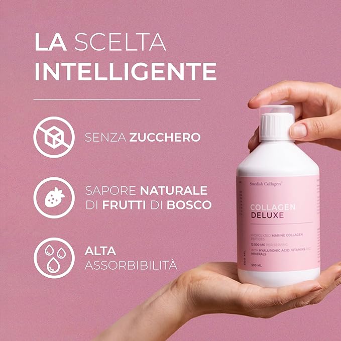 Swedish Collagen - Collagen Deluxe 500 ml Peptidi di Collagene Marino Idrolizzato | 12.500 mg Collagene | Con Acido Ialuronico, Vitamine e Minerali