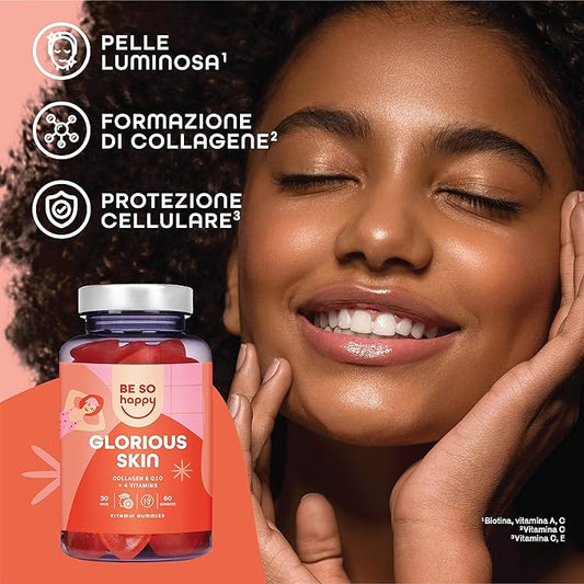 BeSoHappy®Collagene e Coenzima Q10 | Vitamina per la Pelle | Gusto Agrumi | 60 Caramelle Senza Lattosio e Senza Glutine Gommose