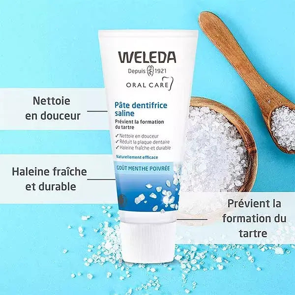 Weleda Dentifricio Salino, dentifricio a base di sale marino senza fluoro, neutralizza gli acidi dannosi e protegge da carie e placca, trattamento 6 in 1 (1x75 ml)