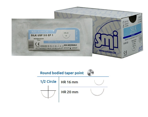 SUTURES EN SOIE HR20 75cm - 12pcs USP 3/0 AIGUILLE 20mm